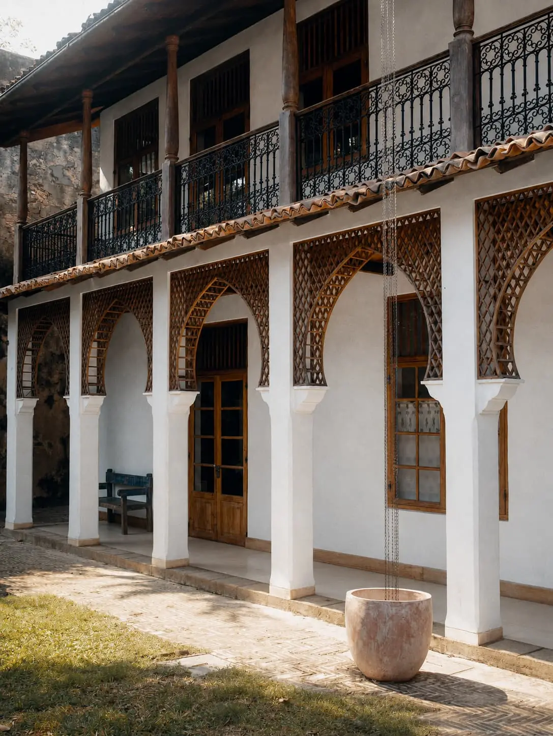 The colonnade at Kaffi Galle Fort, whitewashed columns and timber fretwork arches with a terracotta pot.