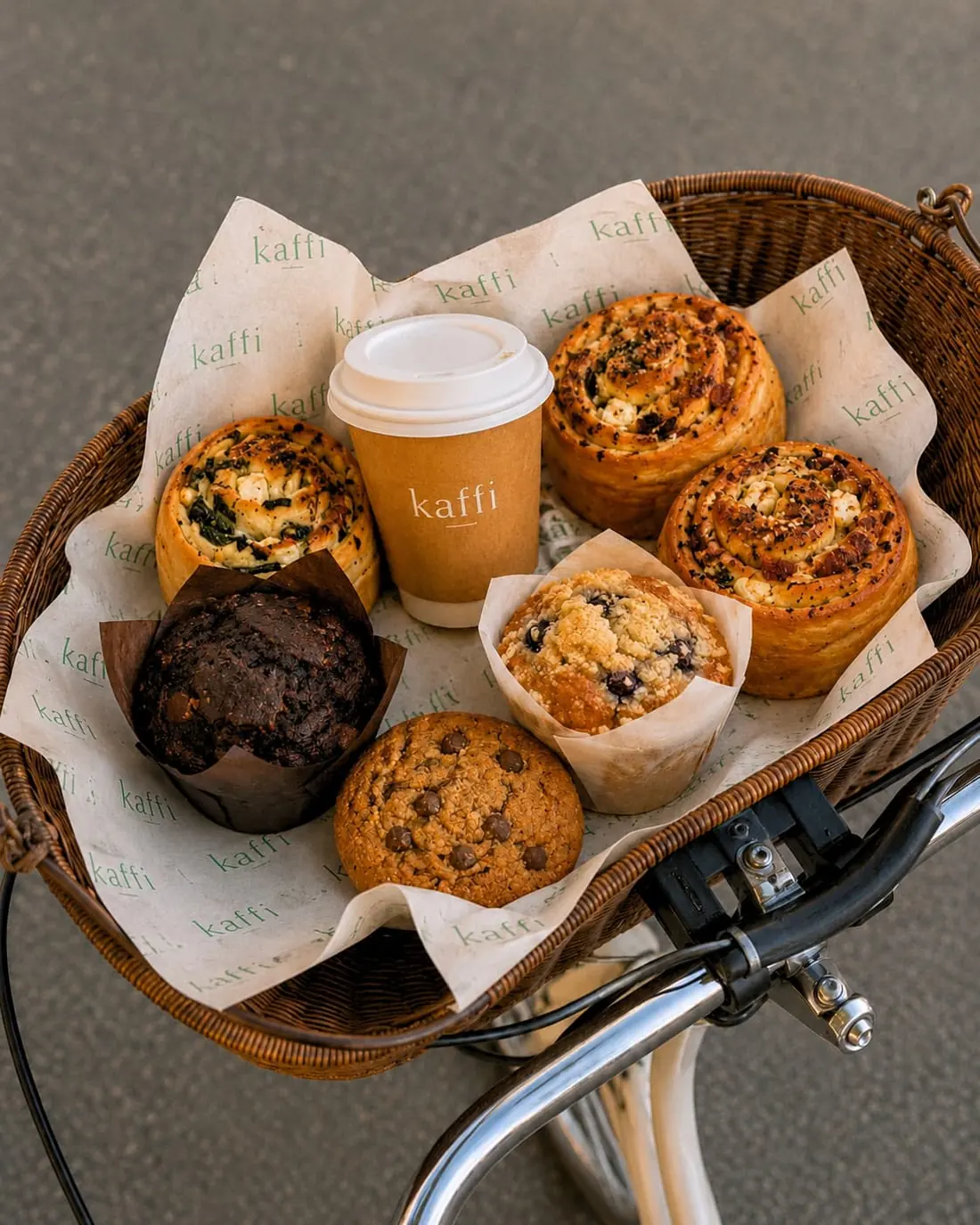 A bicycle basket lined with kaffi paper, packed with muffins, cardamom knots and a takeaway cup.