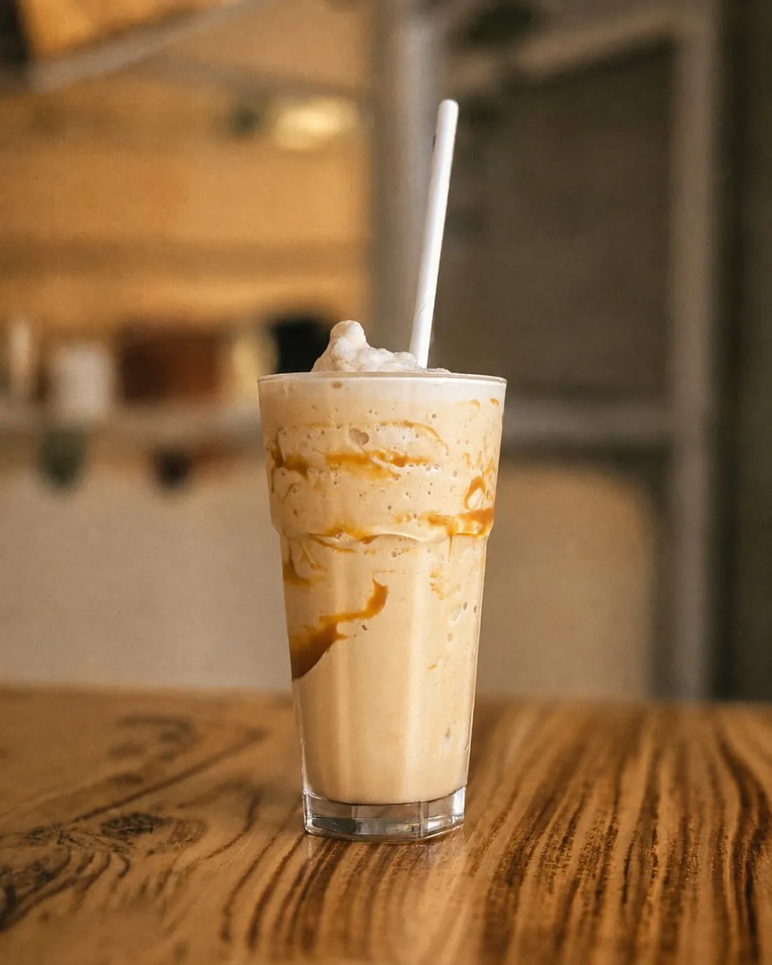 A caramel frappe in a tall glass on a timber table.